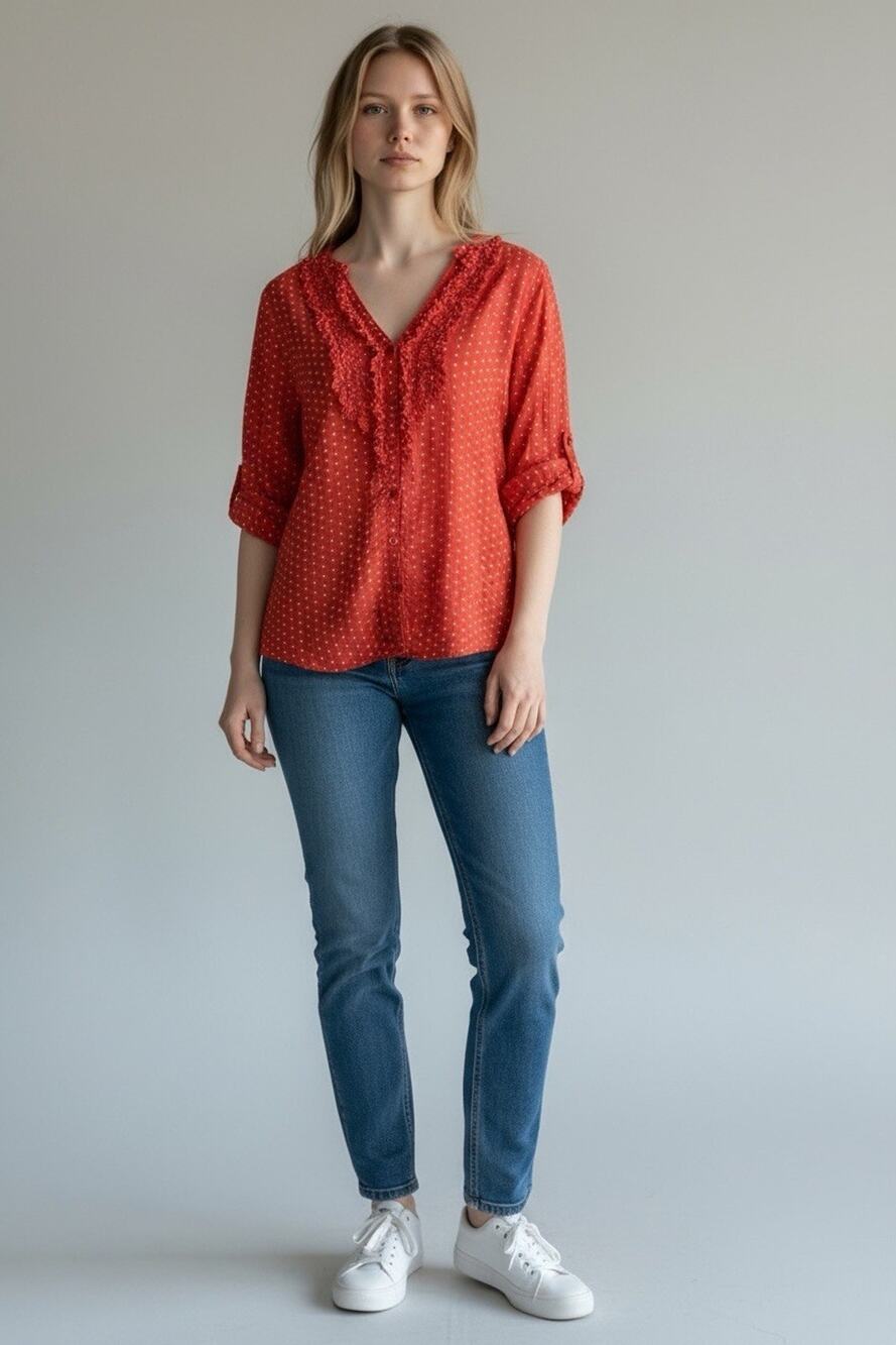 Lauren Conrad Blouse Women’s Medium Pink Polka Dot 3/4 Sleeve V Neck